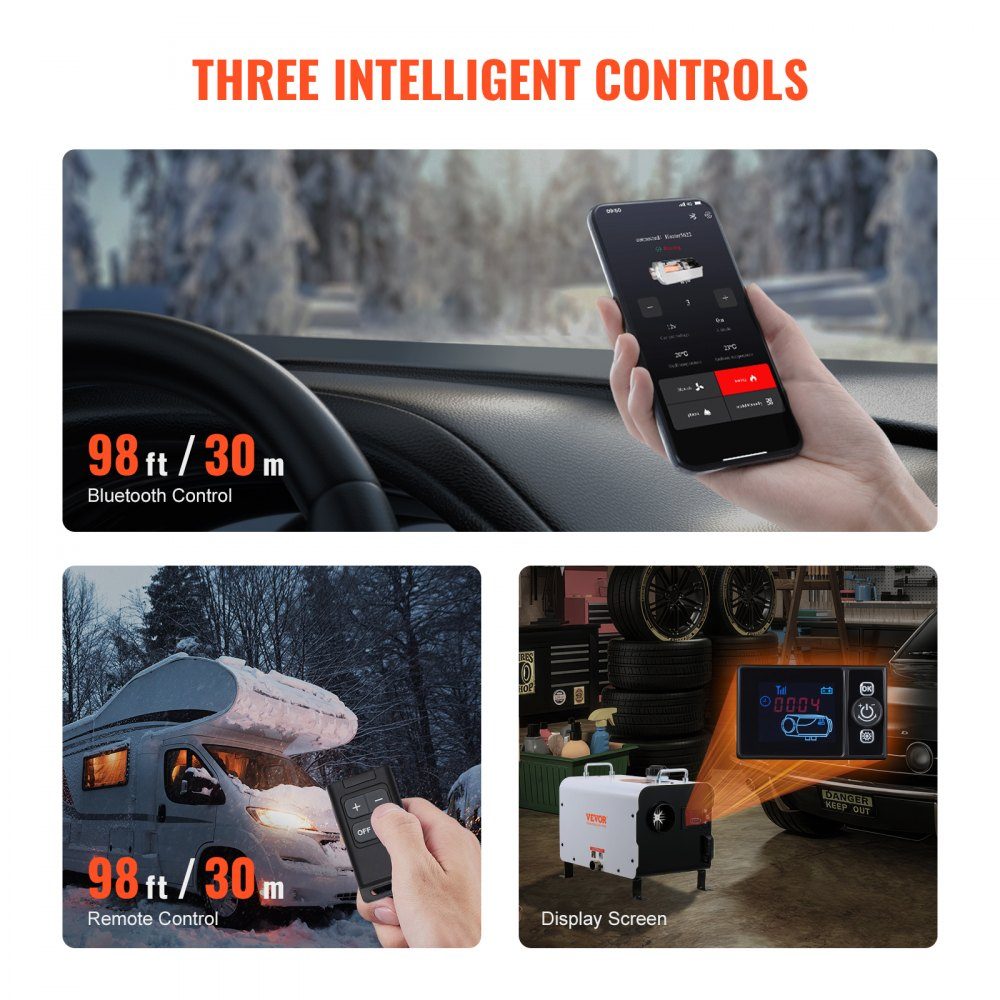 5-8KW Diesel Heater 12V/24V All-in-One Diesel Air Heater with Bluetooth App Control and Remote Control Screen and CO Alarm Fast Heating Portable Diesel Heater for Vehicles