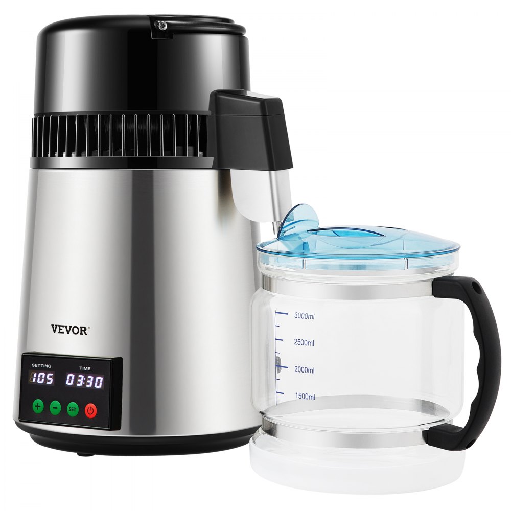 Water Distiller 1L/H Household Silver Water Distiller Make Distilled Water 750W, Double Screen Stainless Steel Distiller System with Glass Jug Distill Pure Water