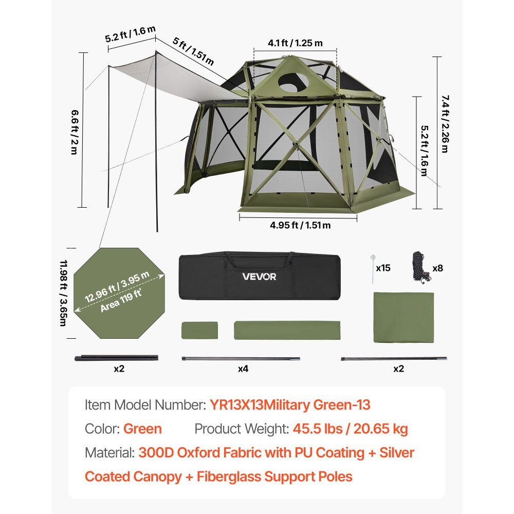 Pop Up Gazebo 12" x 12" 13 Sided Ball Camping Tent with Removable Roof and Carry Bag 360° Ventilation Sun Shade Party Tent for 10-12 People Green