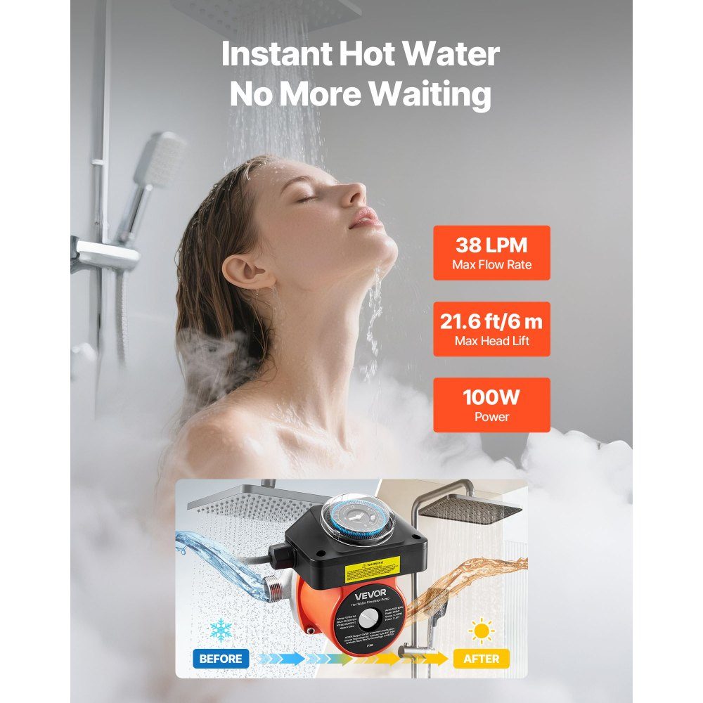 Circulation Pump with Timer 38L/min Instant Circulation Pump System 100W AC 220-240V Heating Pump G3/4" to G1/2" Connection for Boiler Hot Water Preparation
