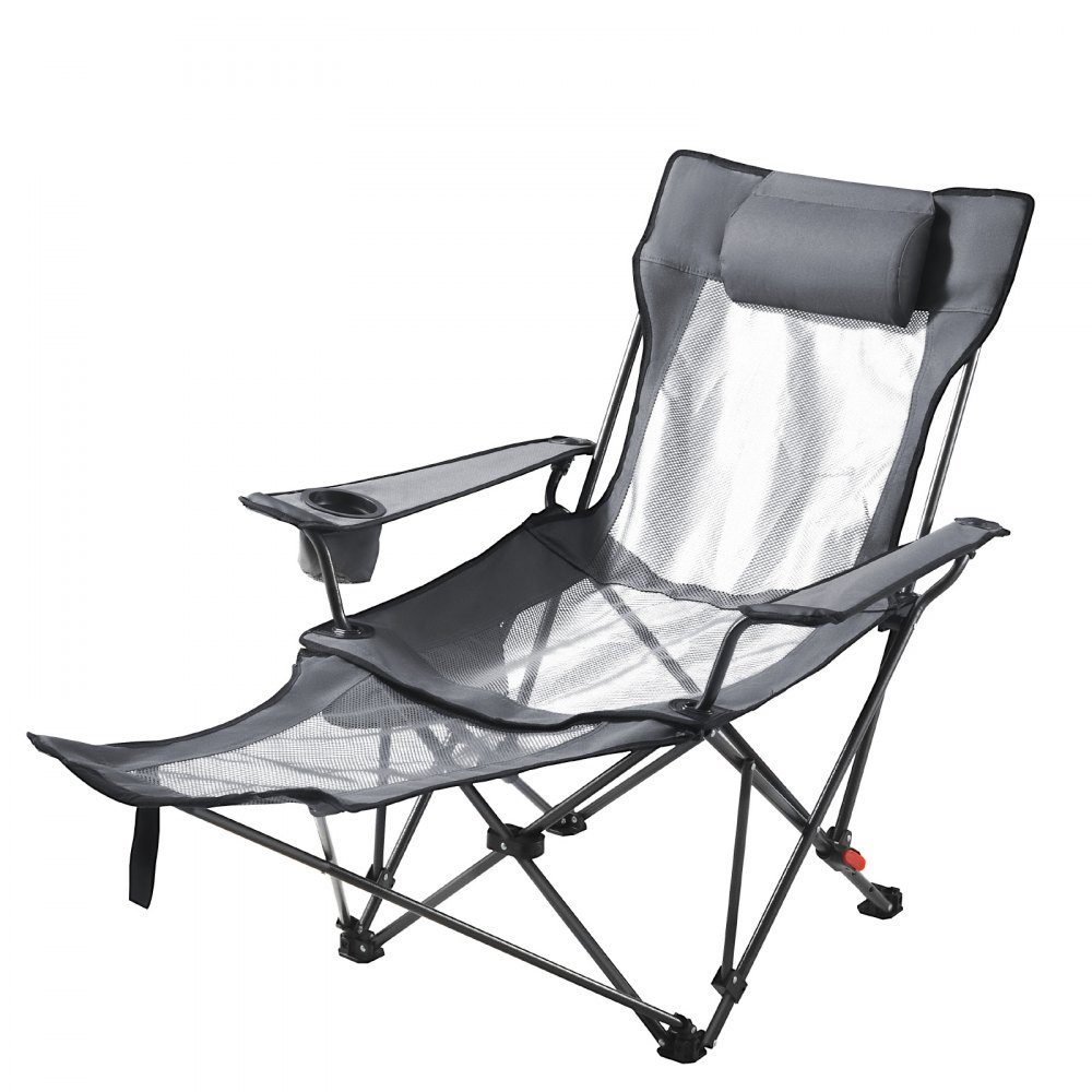 Folding Camping Chair, Deck Chair with 4 Adjustable Positions, Relaxation Chair Lounger with Cup Holder, Mesh Beach Chair with Headrest & Footrest, Load Capacity 100kg, for Outdoor Camping, Gray