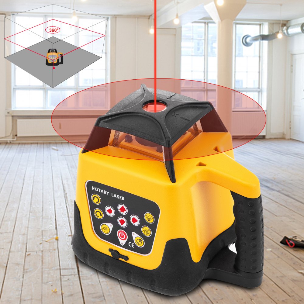 Laser rotatif professionnel rouge max. portée de travail 100 m, niveau à bulle laser rotatif 360, étanche à l'eau et à la poussière, utilisation en extérieur, temps de travail 20 heures, dans une mallette d'artisan, télécommande 2 kg, mallette jaune