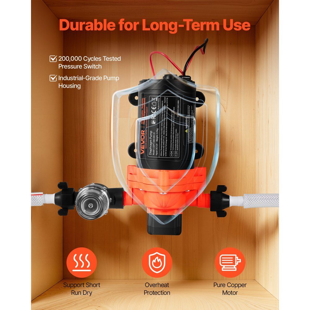 Diaphragm pump, 12V DC, 15.1L/min, self-priming 3-chamber diaphragm water pump with automatic pressure switch, 2.75 bar pressure for motorhome, caravan, ship, yacht, car wash