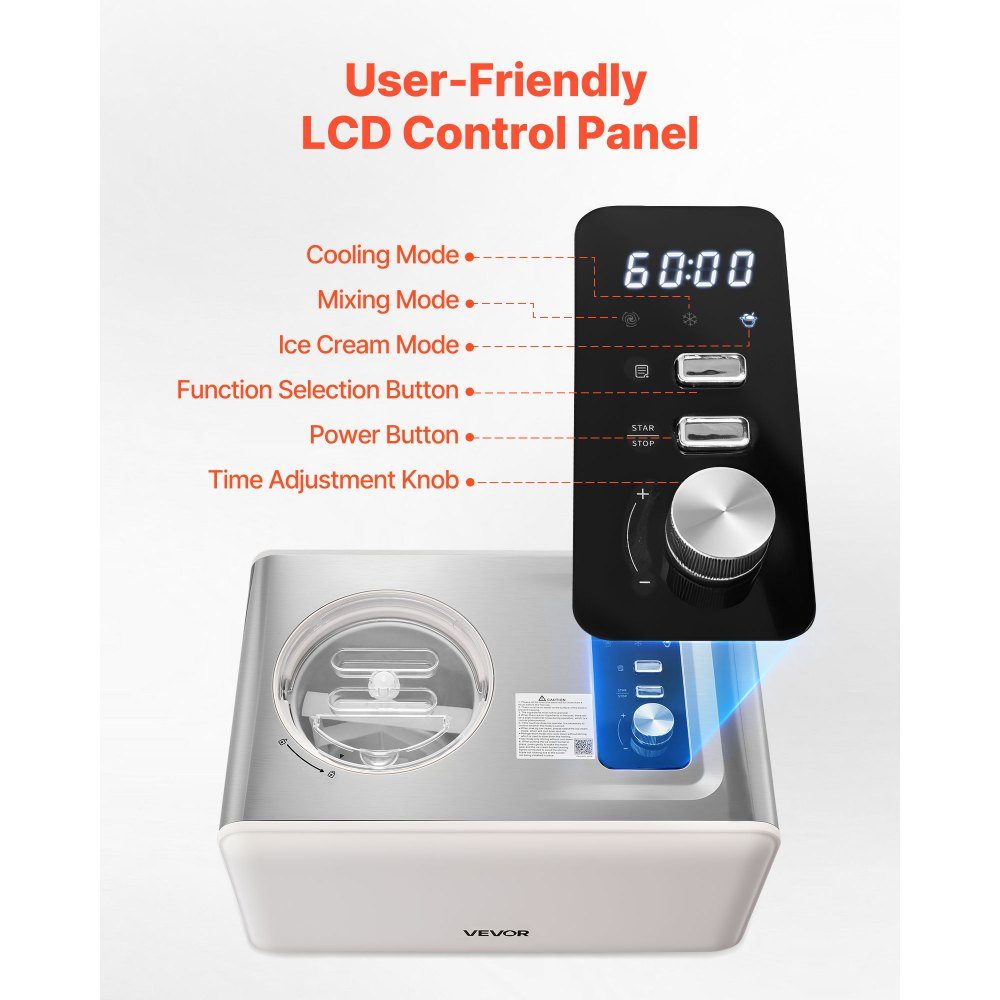 Automatic Ice Cream Maker 2 QT with Built-in Compressor (150W), No Prefreezing, Ice Cream Maker with 3 Modes, Electric Ice Cream Maker, Frozen Sorbet Machine for Home Kitchen