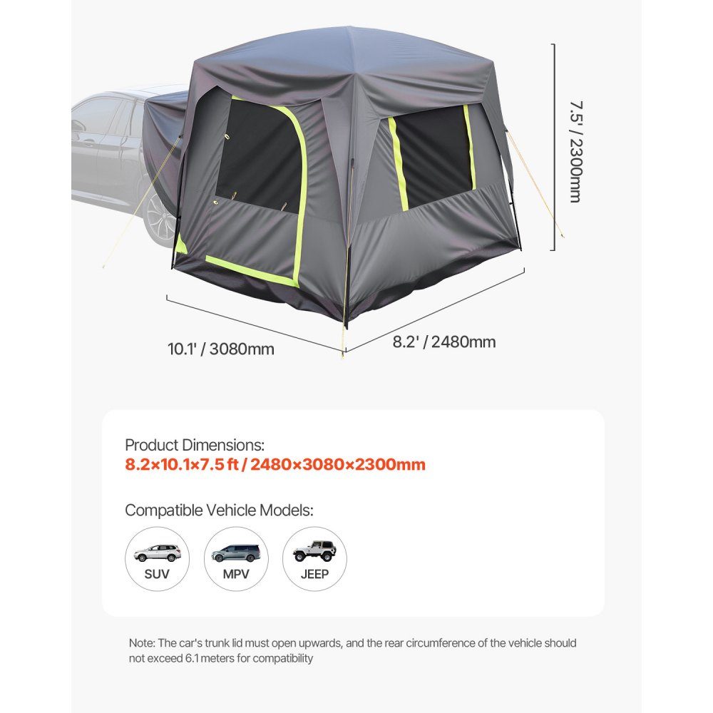 SUV Tent Camping Car Tent (248x308x230cm) Waterproof PU2000 Spacious Double Layer Design for 5-8 People SUV Camping Tent with Windows and Mesh Windows Rain Canopy and Bag