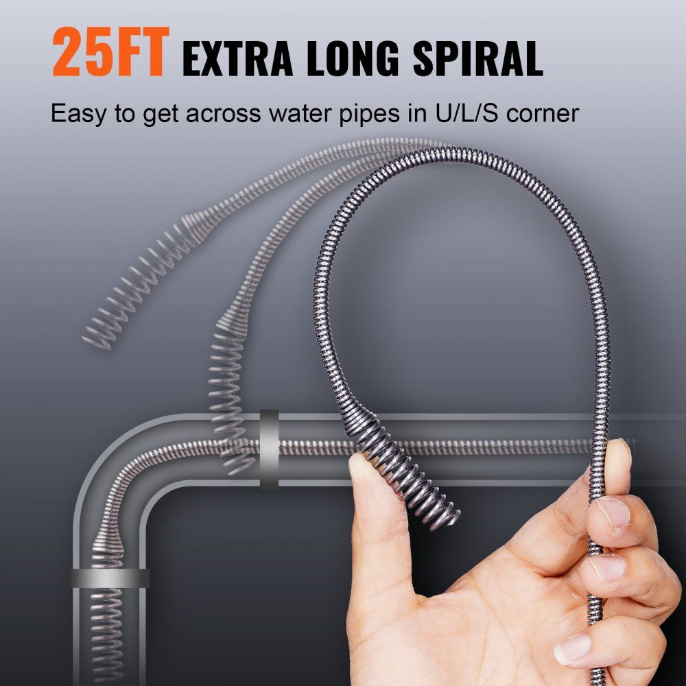 Pipe Cleaning Cable 1/4" x 300" Spring Steel Cable Drain Cleaner with Drum Manual & Electric Hand Feed Pipe Cleaning Shaft Pipe Cleaning Device Ideal for Toilet Sewer Floor Drains