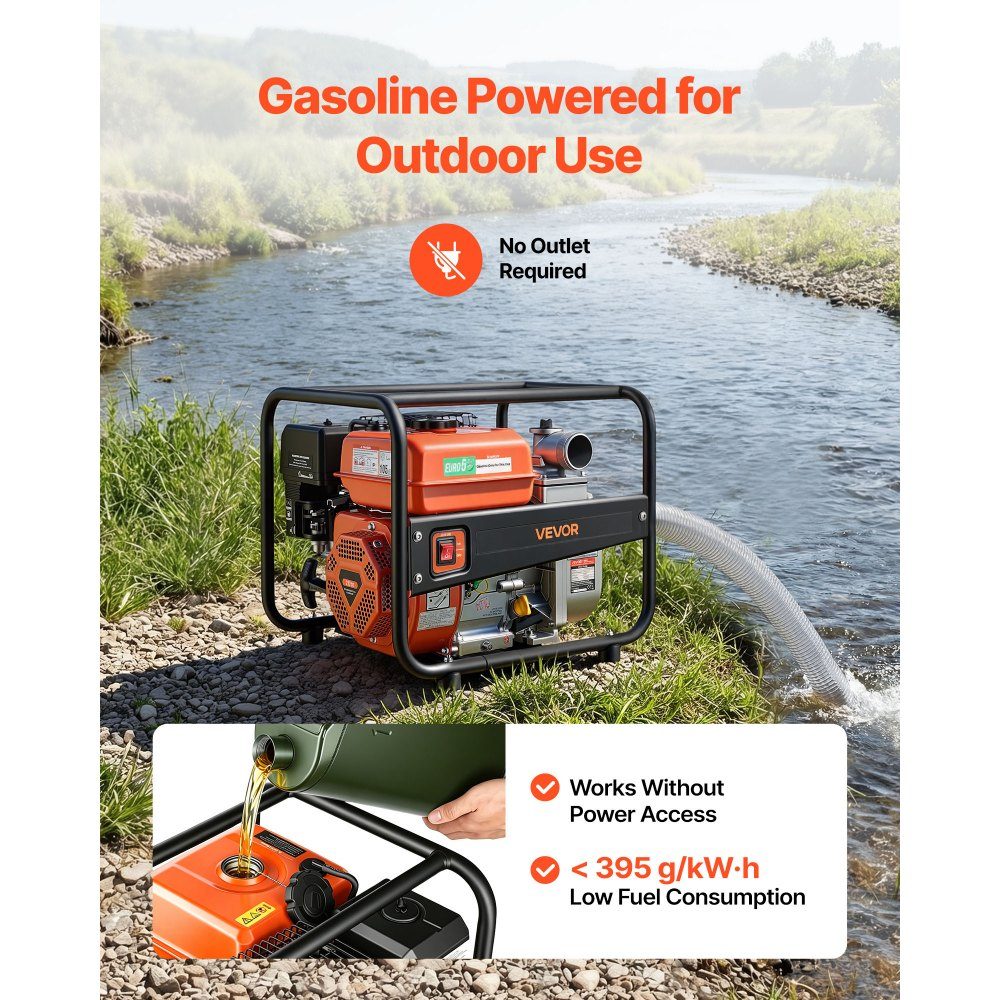 Pompe à eau essence 158 GPM, pompe à eau sale de 2 pouces, pompe à moteur de 7 HP portable avec tuyau de livraison de 25 pieds et pompe de distribution d'eau à turbine en fonte pour l'irrigation, le drainage, les chantiers de construction, les étangs