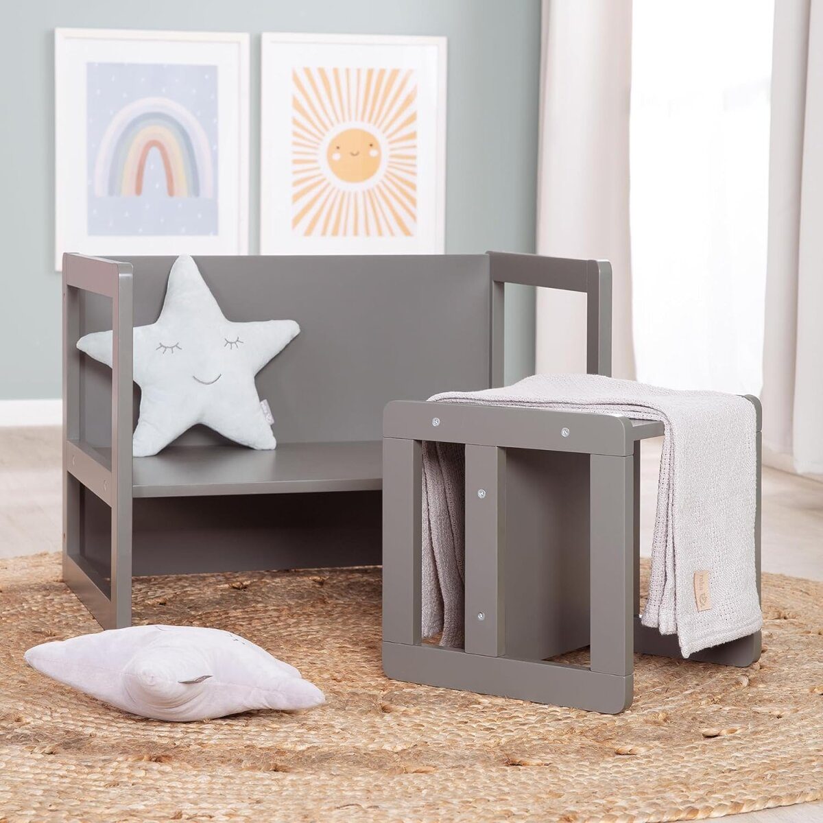 roba children's seating group 3in1 - reversible stool & table - convertible into a children's bench, anthracite