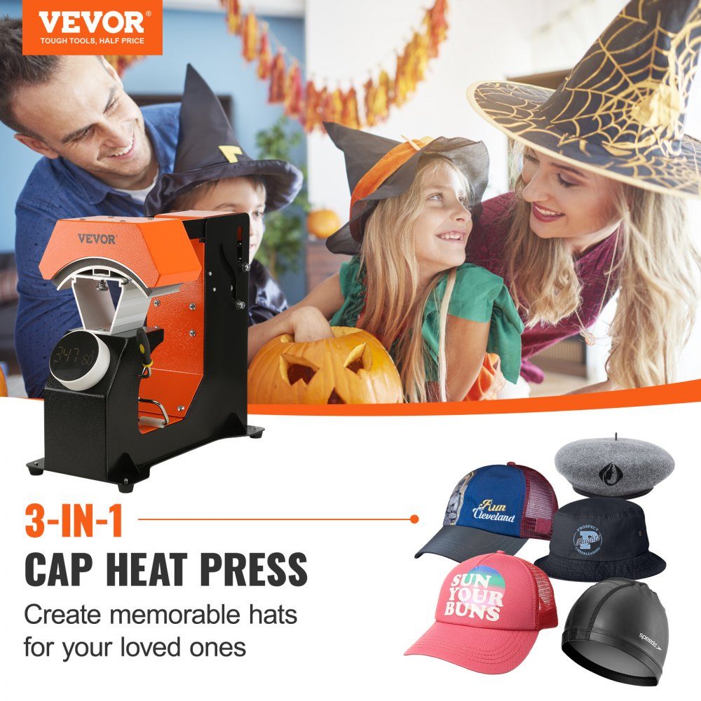 3 in 1 Cap Press, Hat Press, Hot Press Machine 16.3x8cm, Hot Press Transfer Press with 3 Pad Sizes 16.8x7cm, 16.8x9.8cm, 15.5x7.6cm, Hot Press Transfer Press, Time and Temperature Controller