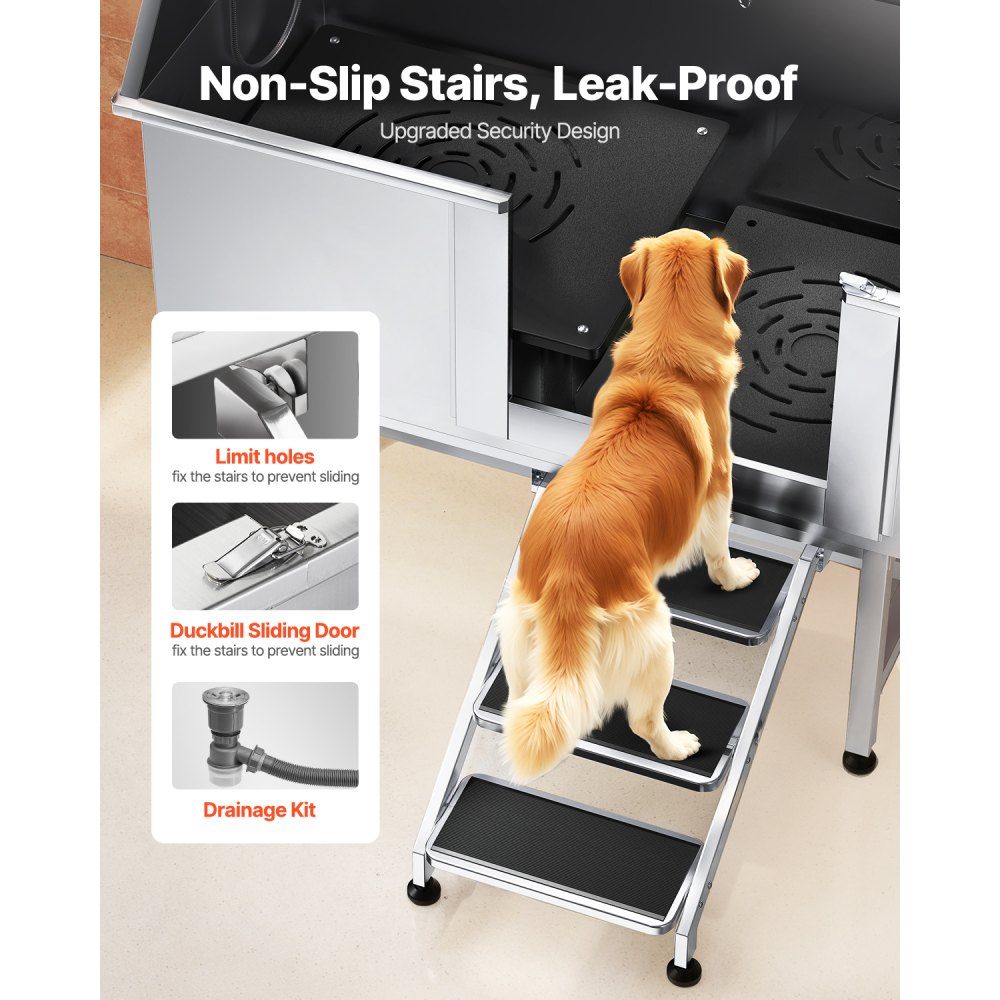 Station de lavage pour chien en acier inoxydable, baignoire de toilettage pour animaux de compagnie, 1270 x 700 x 1545 mm, avec escalier, plaque de filtre à eau en PE, robinet, pomme de douche et porte-savon pour animaux de grande, moyenne et petite taill