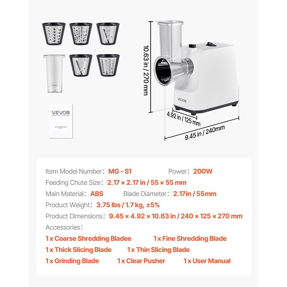 Râpe à Fromage Électrique Machine à Salade 200W Trancheuse à Légumes Coupe-légumes Râpe Rotative avec 5 Accessoires Trancheuse Alimentaire avec Lames en Acier Inoxydable pour Légumes Fromage Coupe Rapide