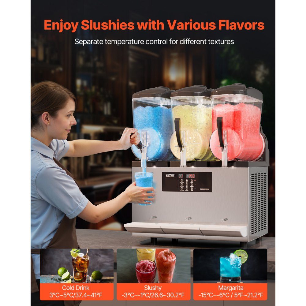 Commercial Slush Ice Cream Maker, 12L x 3, Three Tank Frozen Drink Machine, 144 Cups, Stainless Steel Slush Ice Cream Maker with Keyboard, Soft Ice Cream Machine for Party, Restaurant, Cafe, Bar