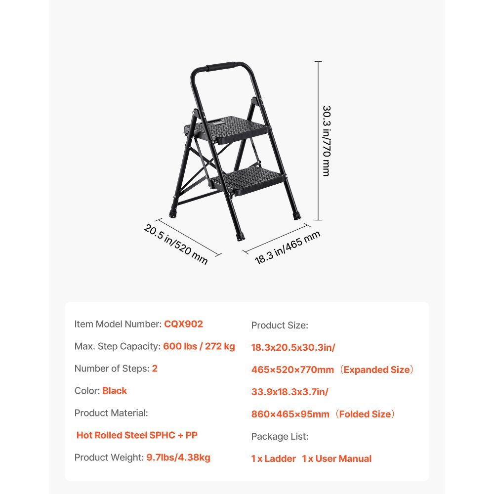 Step Ladder 2 Steps, Folding Ladder with Anti-Slip Steps & Comfortable Handle, Household Ladder with a Load Capacity of 272kg, Folding Step, Safety Ladder for Kitchen, Home & Office, Black