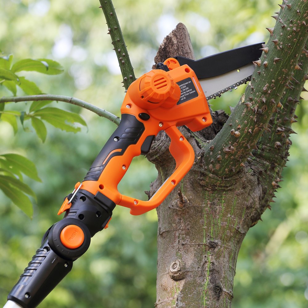 Mini-Kettensäge mit Akku, 20 V, 2 Ah, bürstenloser Motor, 2-in-1-Akku-Gartenschere, 22.000 U/min, elektrische Kettensäge, Teleskop-Heckenschere, Astsäge mit Teleskopgriff-Auszugslänge bis zu 2,43 m