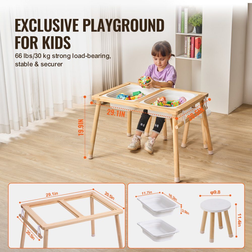 Sensorische placemat, activiteitentafel, kinderzitset en zand- en waterspeeltafel met 2 krukken en 2 opbergbakken en papierrolhouder, houten kindertafel - cadeau voor kinderen