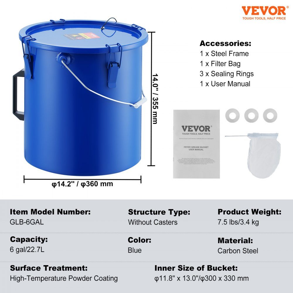 Frying Oil Bucket Oil Disposal Container, 5L Carbon Steel Frying Oil Bucket with Rustproof Coating, Oil Transport Container with Lid, Filter Bag for Filtering Hot Cooking Oil, Blue