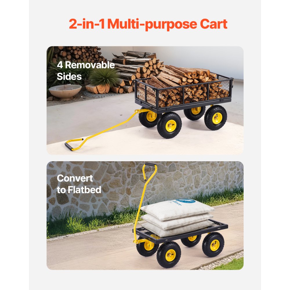 Handwagen 226,80 kg, transportwagen, tuinwagen, materiaalwagen, steekwagen met grote offroad-banden, afneembare zijpanelen van gaasmateriaal en 180° draaibare handgreep, geel/zwart Handwagen 226,80 kg, transportwagen, tuinwagen, materiaalwagen, steekwagen met grote offroad-banden, afneembare zijpanelen van gaasmateriaal en 180° draaibare handgreep, geel/zwart