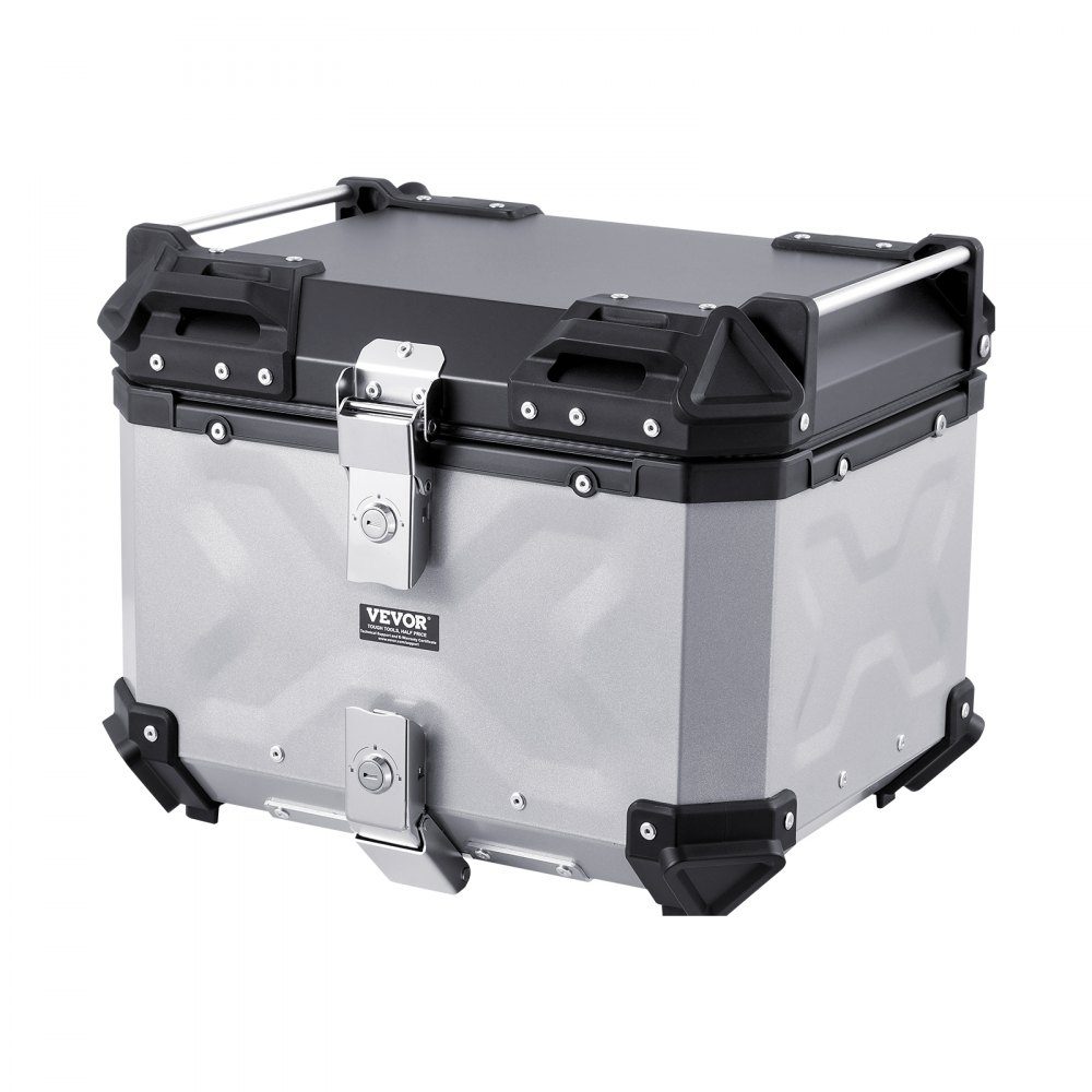 Motorrad-Topcase, Motorradkoffer, 45 l, Heckbox aus Aluminiumlegierung mit Lederfutter, abnehmbare Motorrad-Topbox mit Schloss und Rückenpolster, Helmkoffer (435 x 378 x 348 mm), Silber