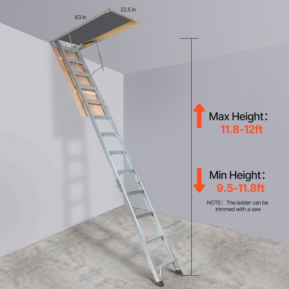 Telescopische ladder, 158,8 kg, trapladder, 12 treden, installatiehoogte van 290 tot 300 cm of 341 tot 366 cm, vouwladder, aluminium + hout, huishoudladder met hydraulisch gedempt afdaalontwerp