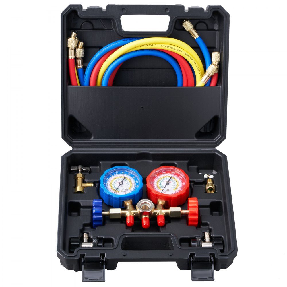 Koudemiddelmanometer 3-weg automotive koelmiddelverdelerset R134A-R22-R12-R502 Ac 4 stuks. 1,52 m vulslangen, koelmiddelmanometer
