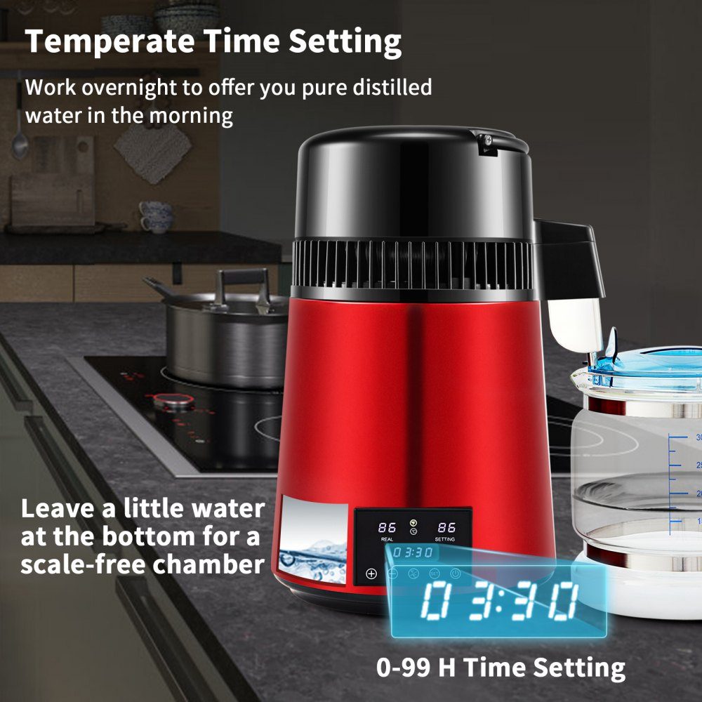 Water distiller 1 l/h. 750W Water Distiller, Distilled Water, Stainless Steel Distilling System, Red Water Distiller, Borosilicate Glass Jug, Household Pure Water Distilling