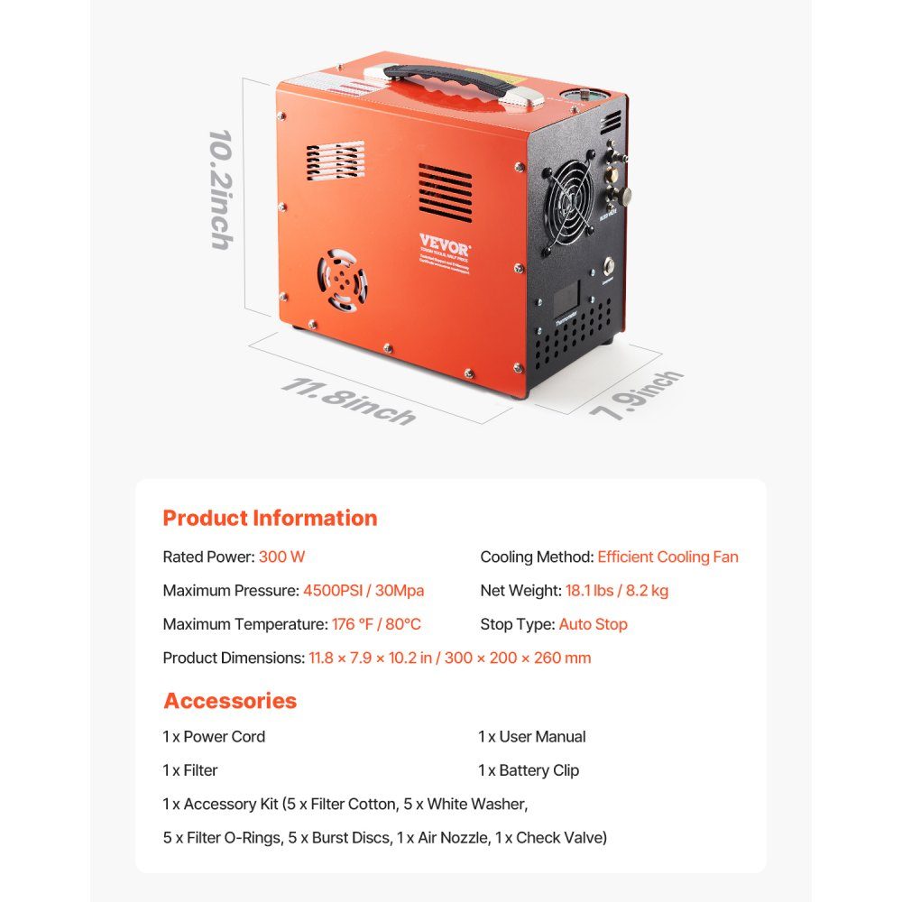 PCP-Luftkompressor, 4500 PSI/30 MPa PCP-Luftgewehrkompressor mit integriertem Konverter und Lüfterkühlsystem, Auto-Stop DC12V/AC230V Paintball-Tankkompressor für Luftgewehr, Tauchflasche