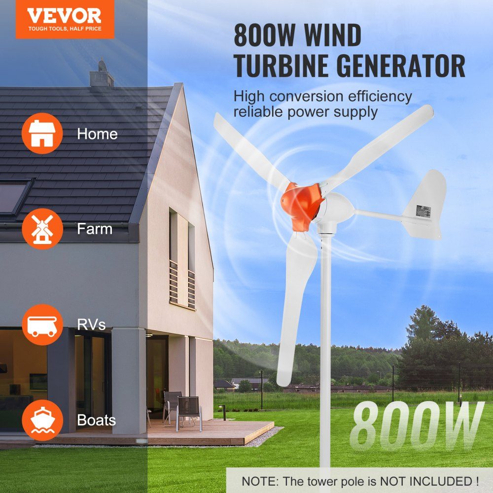 800W Wind Turbine, 12V Wind Generator, 3 Blade Wind Turbine Generator with MPPT Controller, Adjustable Wind Direction and 2.5m/s Starting Wind Speed, Suitable for Home, Farm, RV, Boat