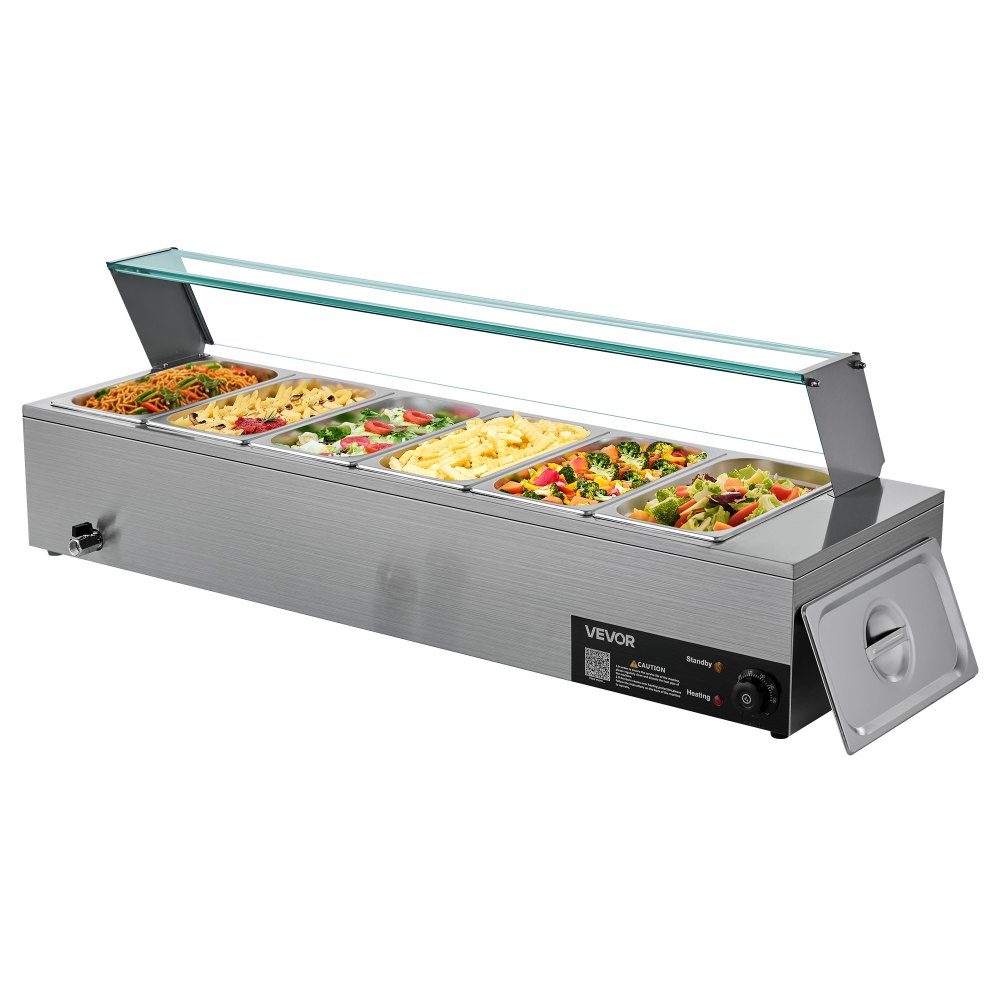 Commercial Food Warmer (6 Size 1/3 Containers), 1.5KW Stainless Steel Electric Warming Container with Glass Cover and Soup Ladle, Chafing Dishes for Catering Restaurant Parties