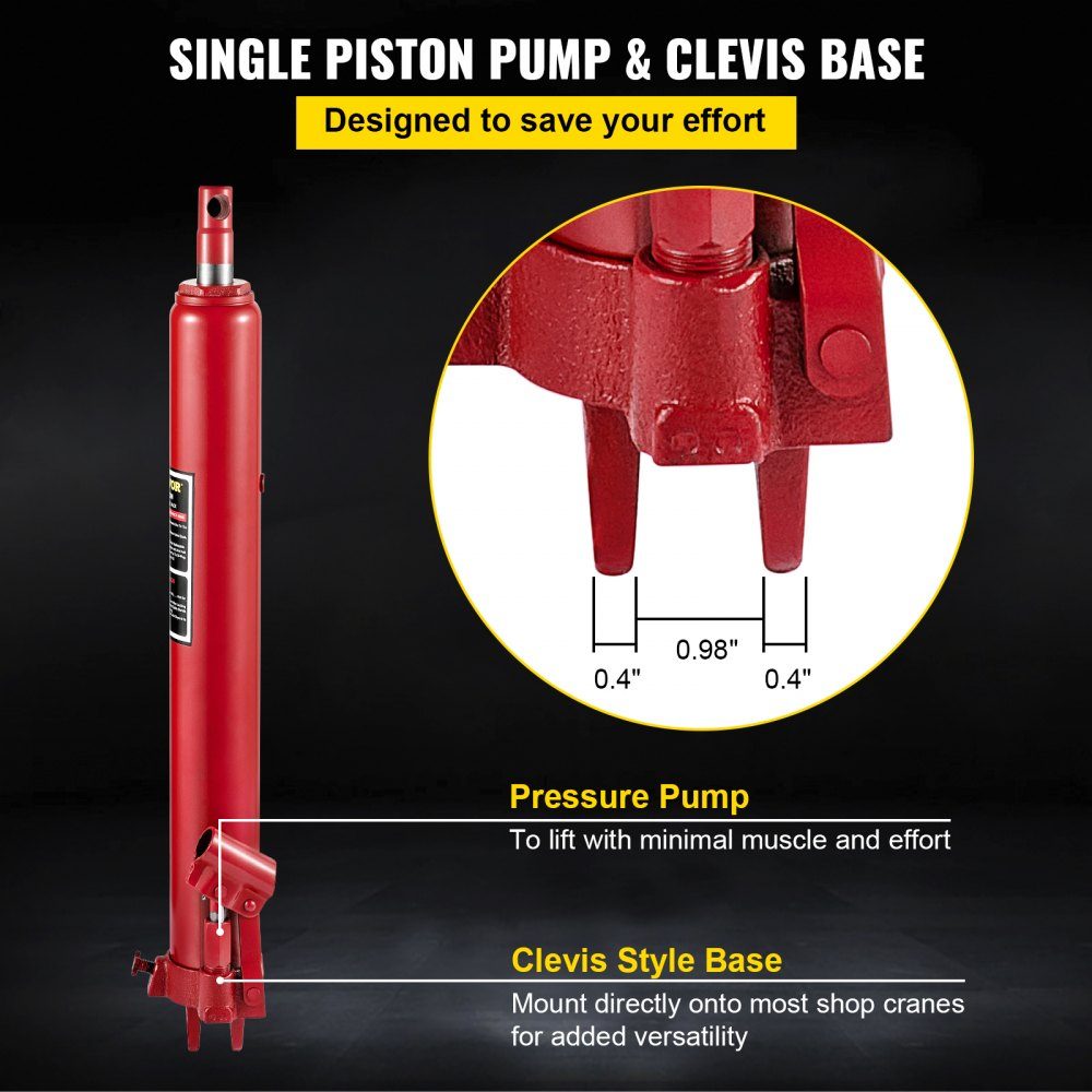 3T Capacity Hydraulic Long Ram Jack Single Piston Pump and Clevis Base Manual Elevating Platform Jack with Handle for Workshop Cranes Engine Hoists Red