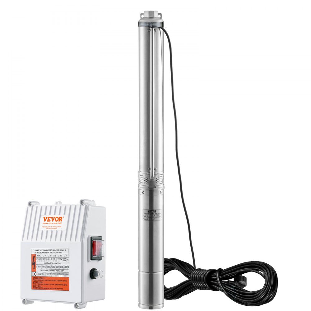 Pompe submersible pour puits profond 1500 W 230 V 60 Hz 9,8 m3/h Tête de 108 m avec câble de 19,4 m et boîtier de commande externe Pompes à eau en acier inoxydable pour l'irrigation industrielle à usage domestique IP68 étanche – Réf. HT-24542