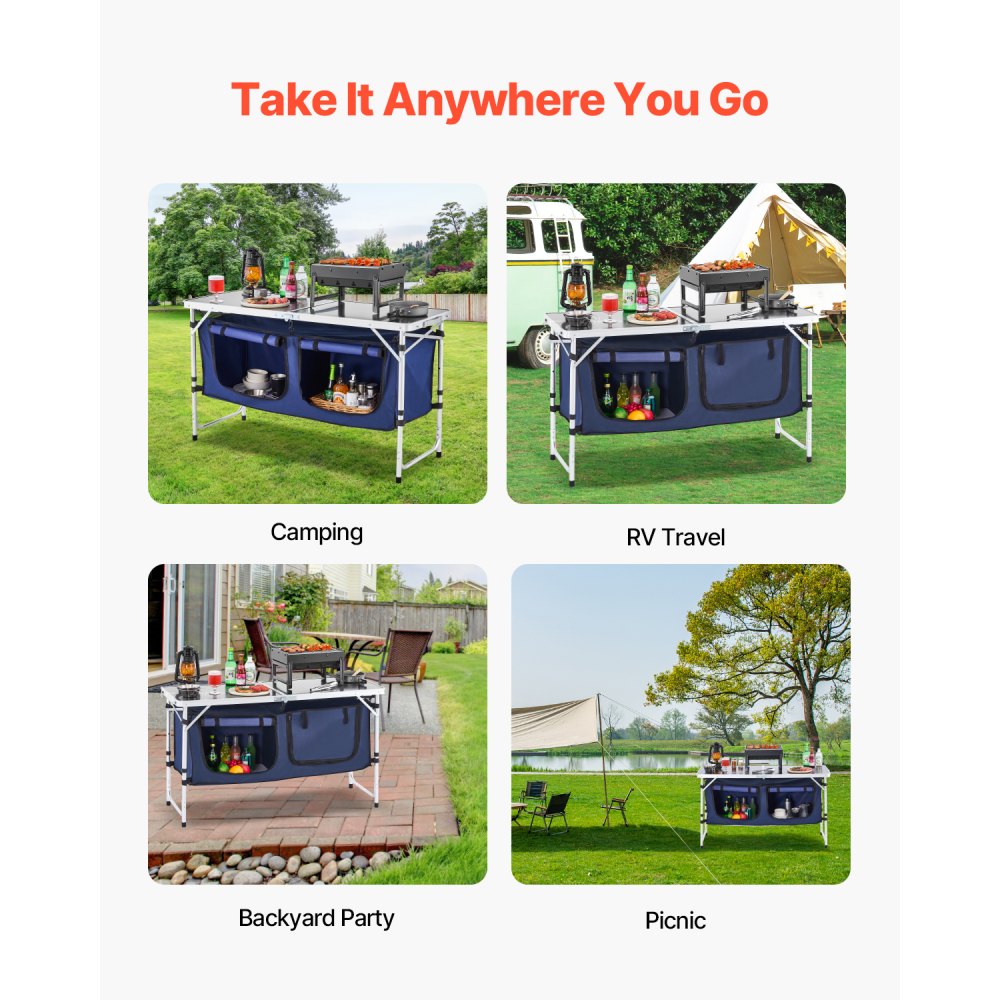 Camping-Küchentisch, klappbarer Kochtisch, Outdoor, 3-fach höhenverstellbar, tragbare Kochstation aus Aluminium mit Organizer und Tragegriff, für Grillparty, Picknick, Wohnmobil-Reise, blau Camping-Küchentisch, klappbarer Kochtisch, Outdoor, 3-fach höhenverstellbar, tragbare Kochstation aus Aluminium mit Organizer und Tragegriff, für Grillparty, Picknick, Wohnmobil-Reise, blau
