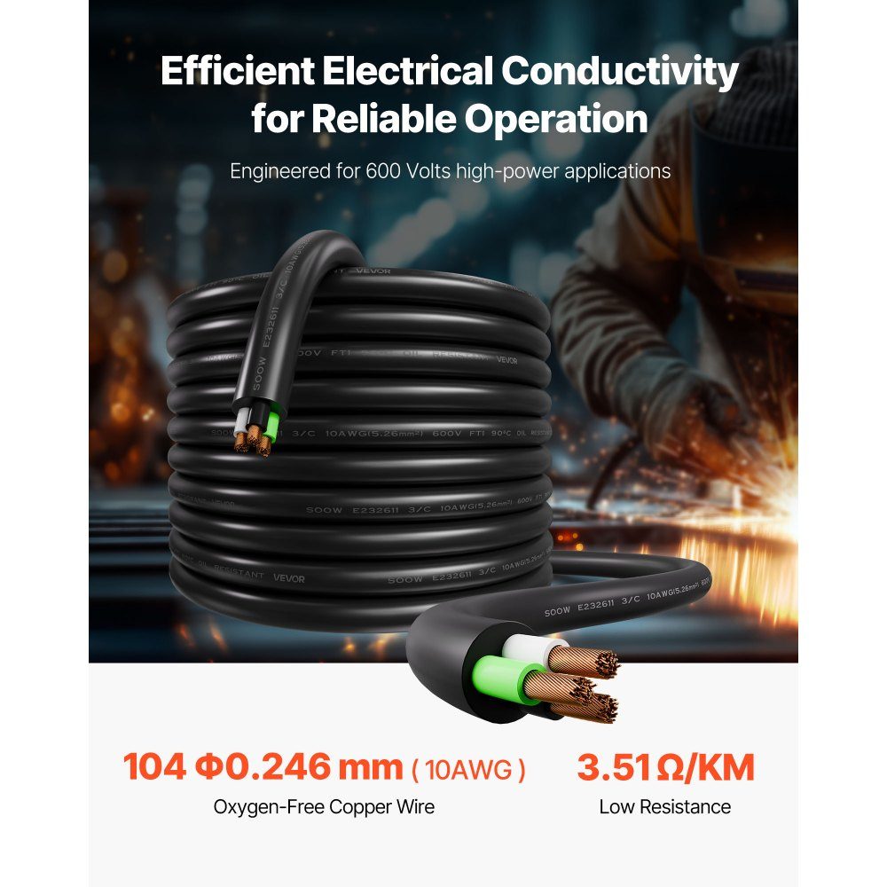 50ft 10AWG (6mm²) Electrical Cable Power Cable Copper Extension Cable 600V