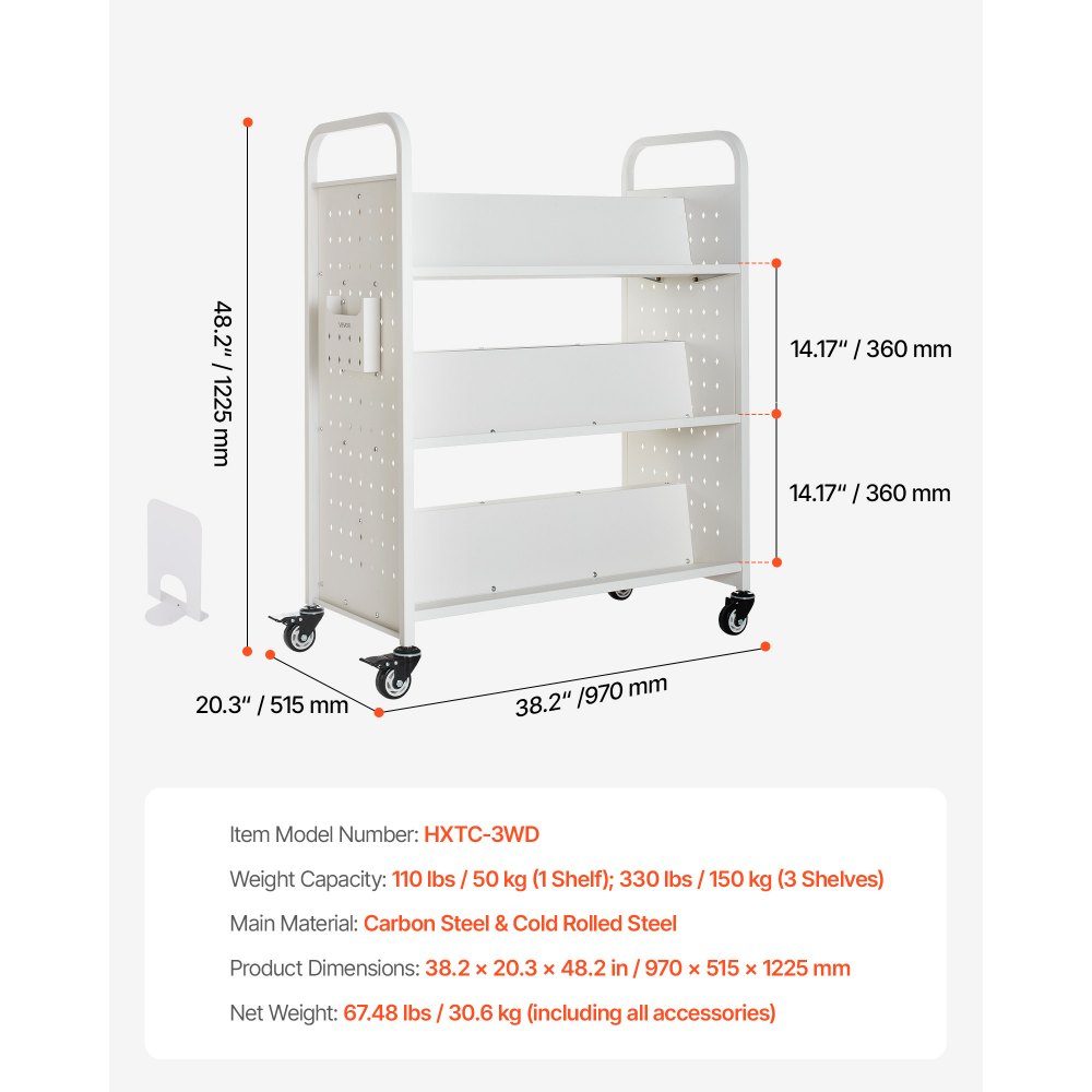 Book Trolley 150kg Load Capacity Library Trolley 97 x 51.5 x 122.5cm Double Sided W Shaped Bookshelf with Double Brake Wheels Bookshelf Trolley for Living Room Office School White