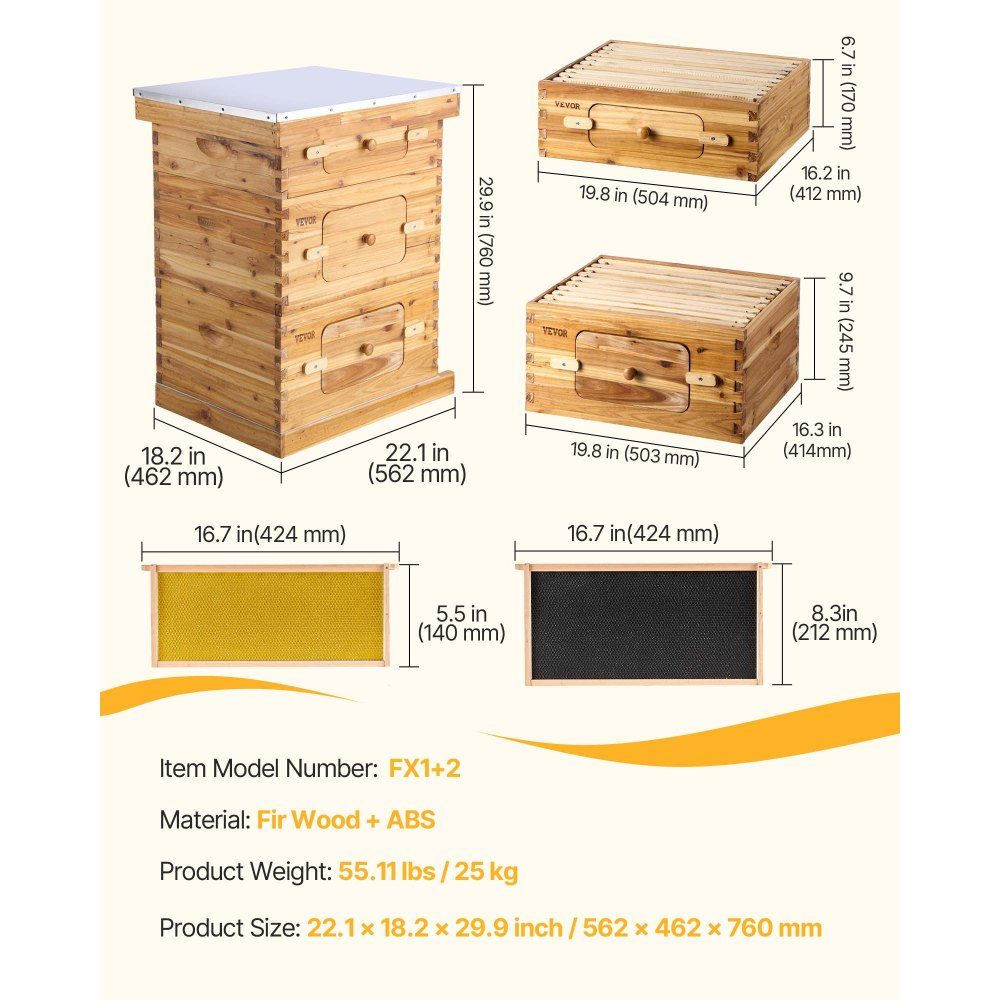 Beehive, Zander Beehive for 30 Frames, Beeswax Coated Wood, 2 Deep + 1 Medium Bee Box, Langstroth Beehive Set, Clear Acrylic Windows with Foundations