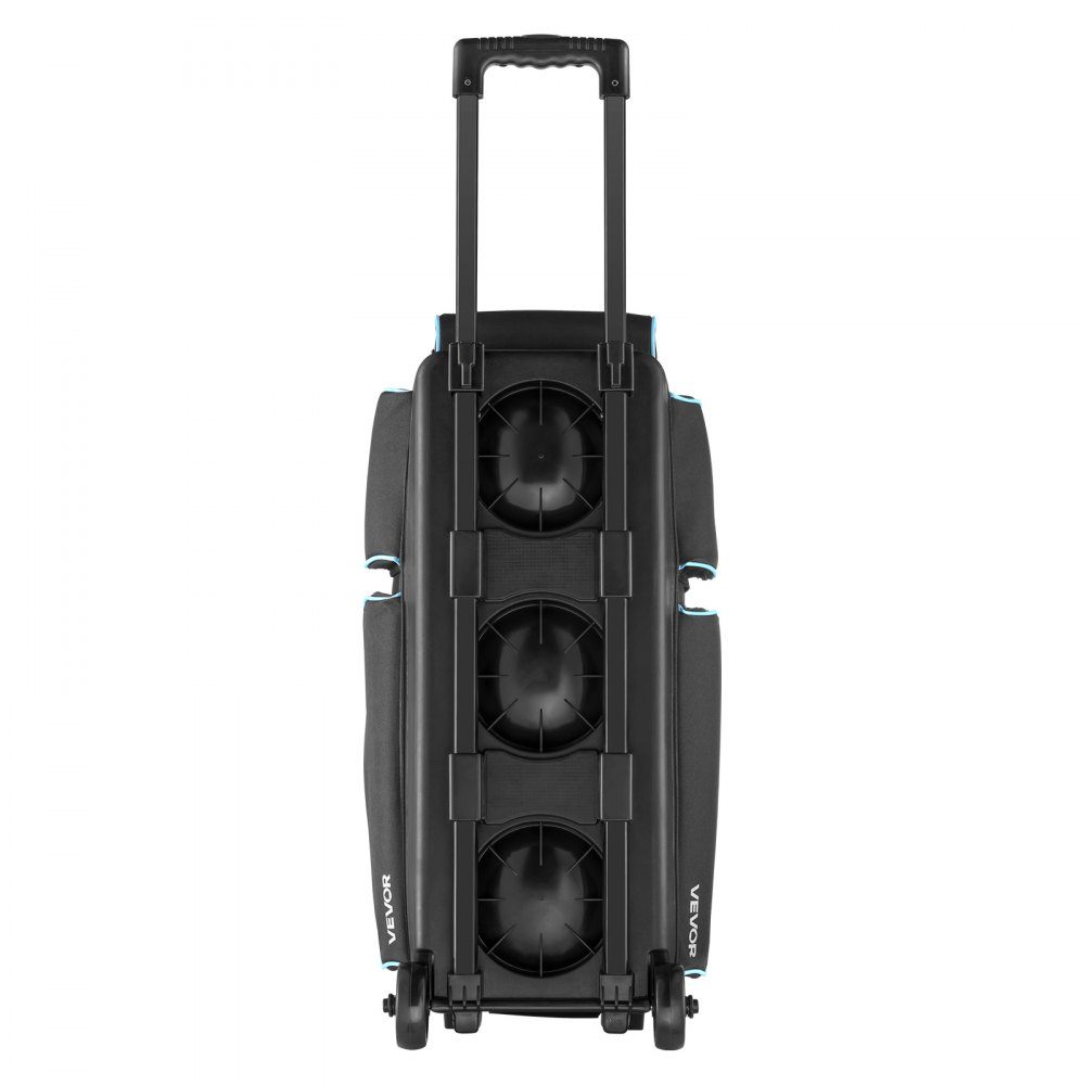 Bowling ball bag for 3 balls with double wheels and separate compartment for shoes (up to US size 16) and oversized accessory pocket, extendable handle, extends to 105 cm, black + blue