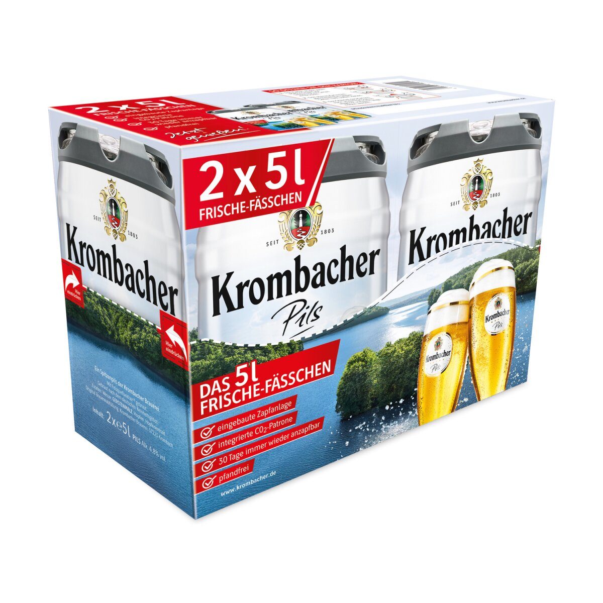 2 x 5 l Bierfass Doppelpack Krombacher Pils, Bierfass mit Zapfhahn, pfandfrei