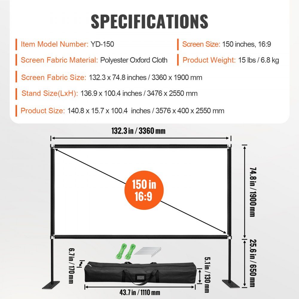 Projection Screen with Stand 15" Portable Movie Screen 16:9 Outdoor Indoor Projector Screen 138" x 80" Mobile Projector Screen 160°