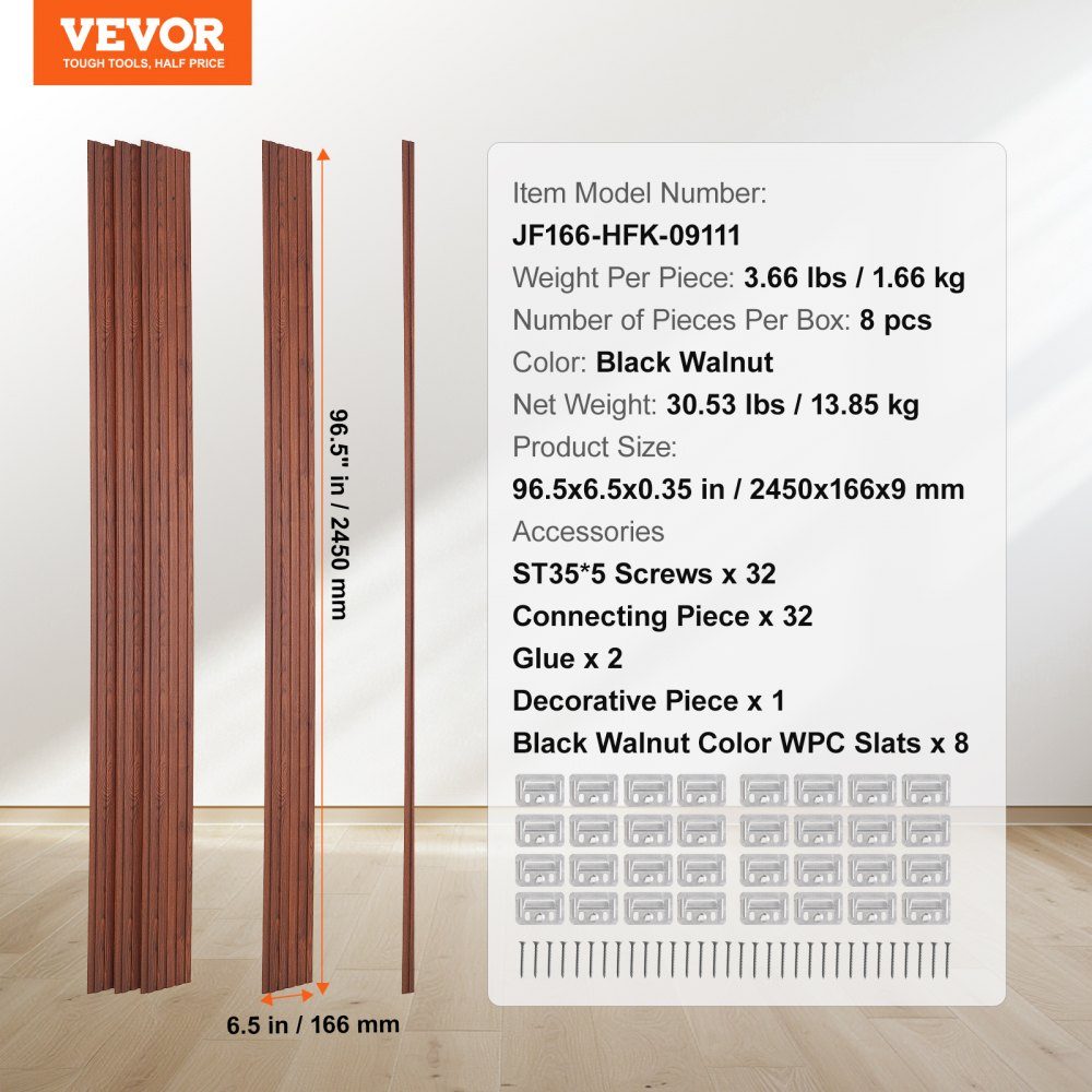 Acoustic Panels Set of 8 Acoustic Panels 2450 x 166mm WPC Accent Wooden Wall Panels for Modern Interior Walls Wood Effect Wall Panels for Stylish Decor and Noise Reduction Black Walnut Wood – Part No. HT-23178