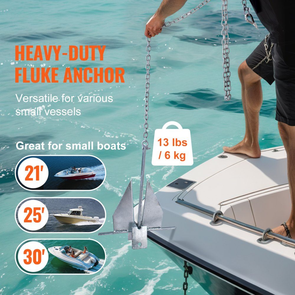 Fluke anchor set. Fluke Hot Dip Galvanized Steel Anchor with 8ft Chain, 100ft Rope and zwei 11-mm- Shackles, Boat Anchor for Small Vessels under 30ft, Seas, Rivers and Coasts, 15lb
