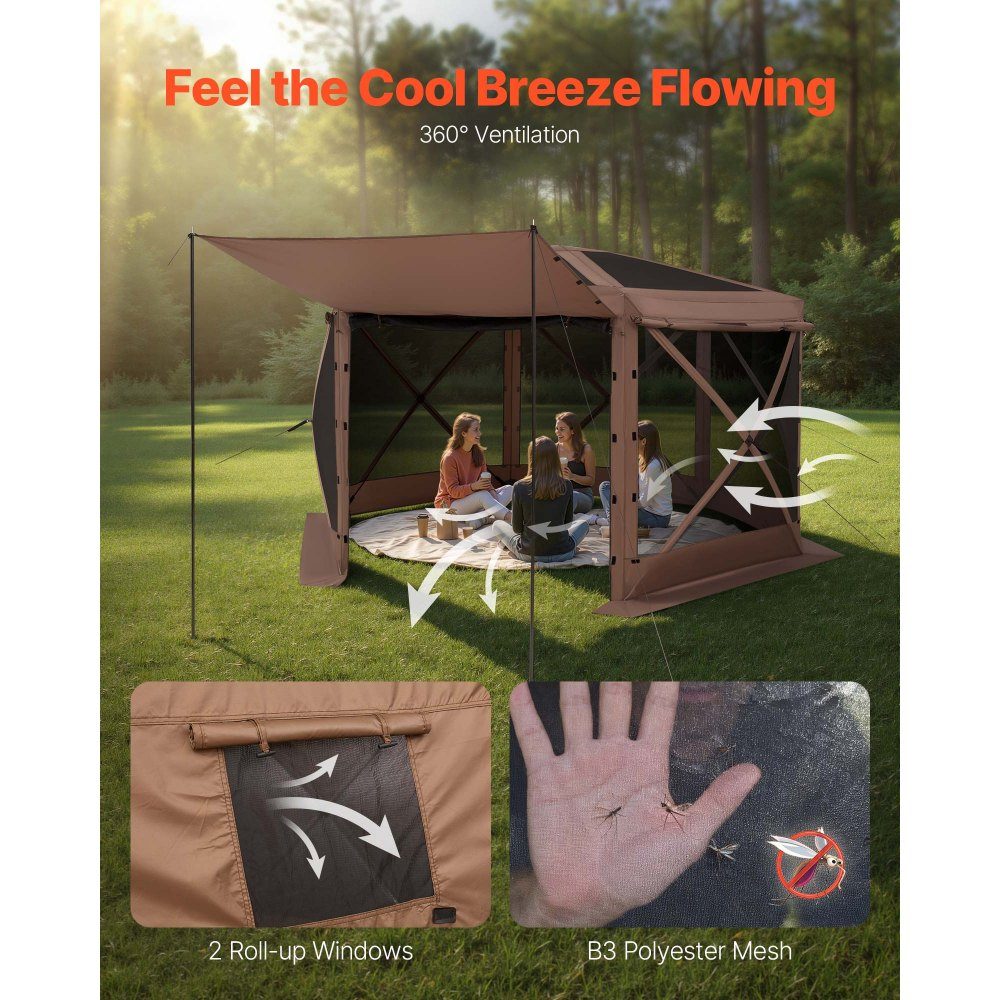 Tonnelle escamotable 3,6 m x 3,6 m, tente de camping à 6 côtés avec toit amovible et sac de transport, pare-soleil pour 8 à 10 personnes, tente de fête pour jardin, terrasse, marron