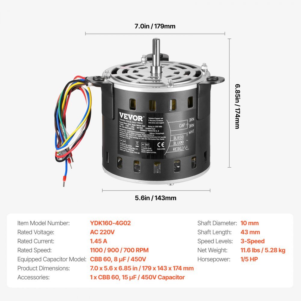 1/5 HP Blower Motor, 220V, 1.45 Amp, 3 Speeds (700/900/1100 RPM), 10mm Shaft Diameter, 20mm Shaft, RED. CCW from shaft end, including CBB60 8 μF / 450 V capacitor
