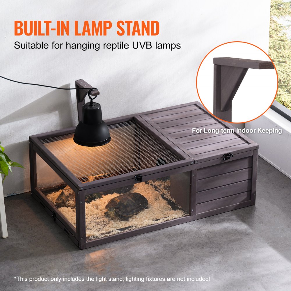 Habitat pour tortues, maison en bois pour tortues pour intérieur et extérieur, enclos pour tortues avec support de lumière suspendu, enclos pour reptiles 2 pièces, cage pour petits animaux pour geckos, lézards, serpents, 96,5 x 61 x 33 cm