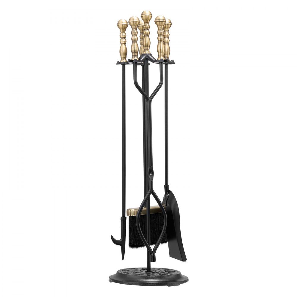 Kaminbesteck-Set, 5-teiliges Herdbesteck-Set, fünfzackiger Ständer, Zange, Aschenschaufel, Bürste, Schürhaken, schmiedeeisernes Kaminzubehör für den Innen- und Außenbereich, Schwarz und Messing