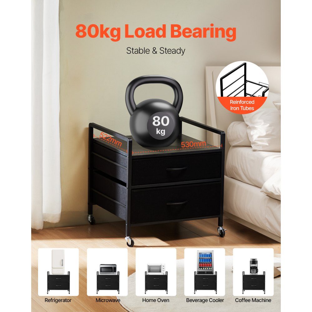 Mini support de Réf. rigérateur sur roulettes, support de réfrigérateur avec capacité de charge de 80 kg, mini table de réfrigérateur avec 2 tiroirs et 4 roulettes, étagère de réfrigérateur mobile pour dortoir, appartement, bureau, noir