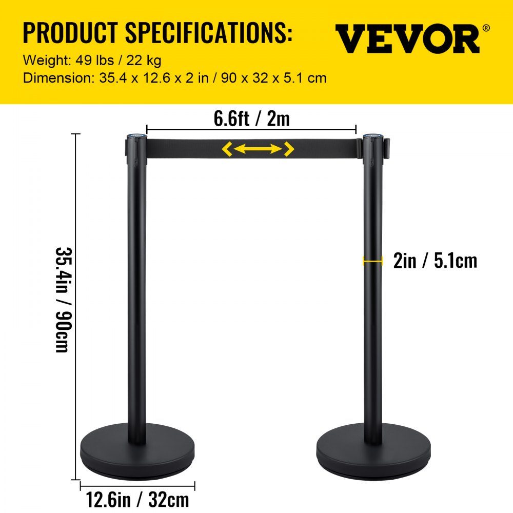 Personengeleidingssysteem 4 stands, totale hoogte 90 cm VIP-barrière met vierwegadapter, afbakeningsstandaard, slagboomstandaard met 2 m lengteband voor luchthaven, stalen en ijzeren standaard, zwart