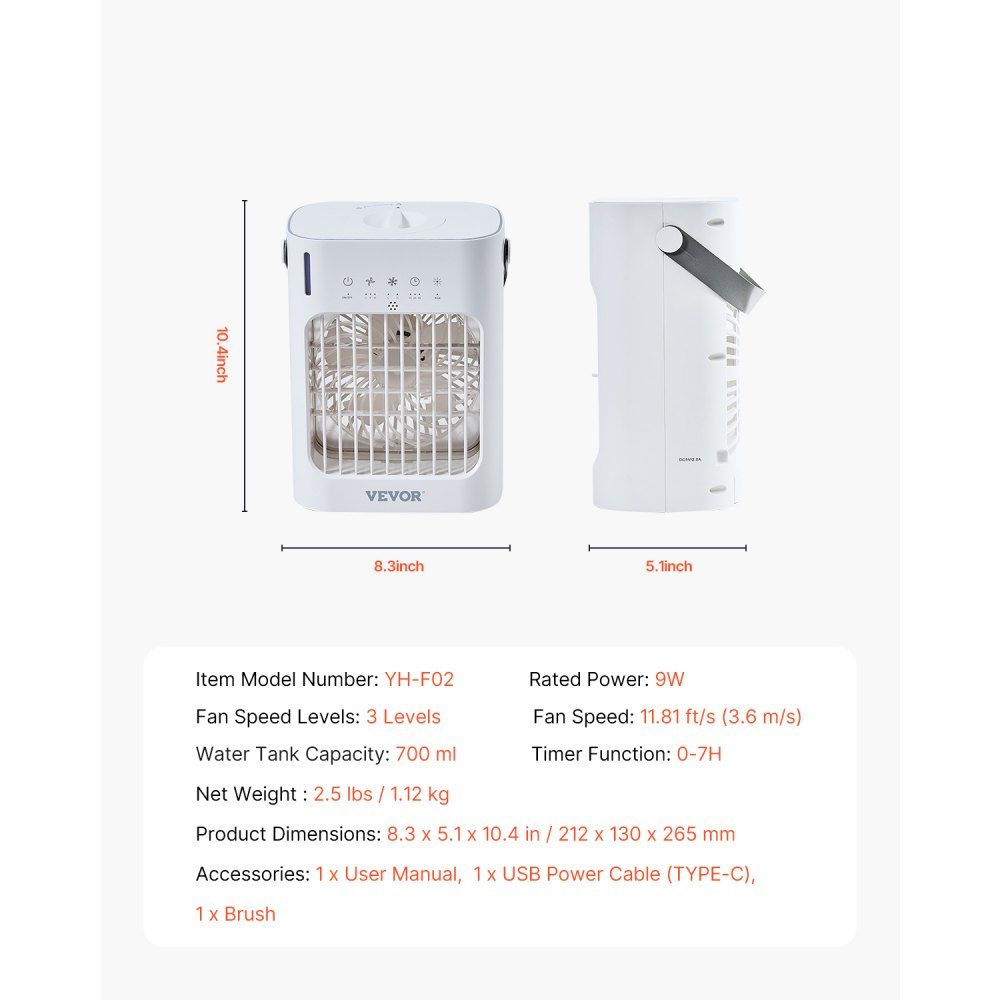 Climatiseur mobile, refroidisseur d'air 4 en 1, mini refroidisseur d'air à 3 vitesses avec minuterie intelligente de 0 à 7 heures, réservoir d'eau de 700 ml, lumière 7 couleurs, mini ventilateur AC personnel pour bureau de chambre à coucher