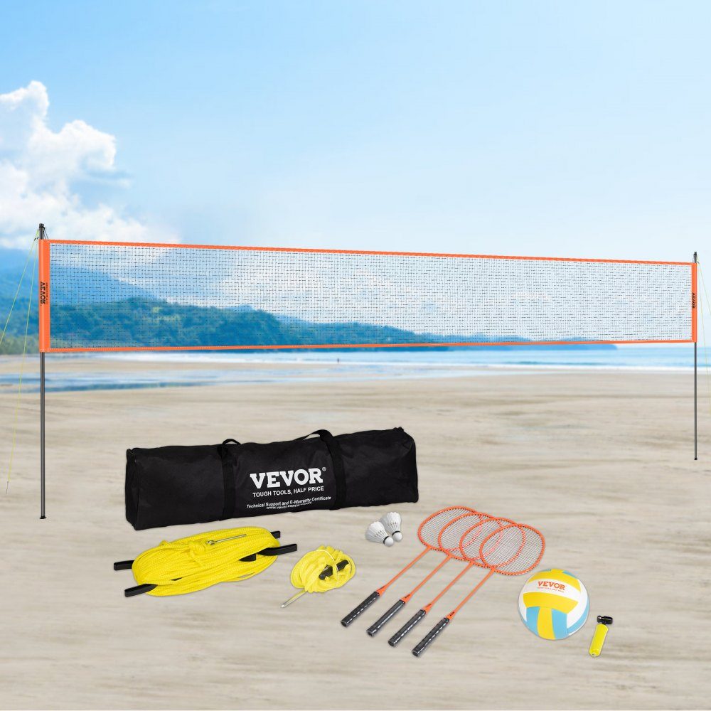 Volleybalnet, in hoogte verstelbaar badmintonnet, 36" x 370" draagbaar strandvolleybalnet, oranje volleybalnet, opvouwbaar volleybalnet met volleybal, draagtas en badmintonracket