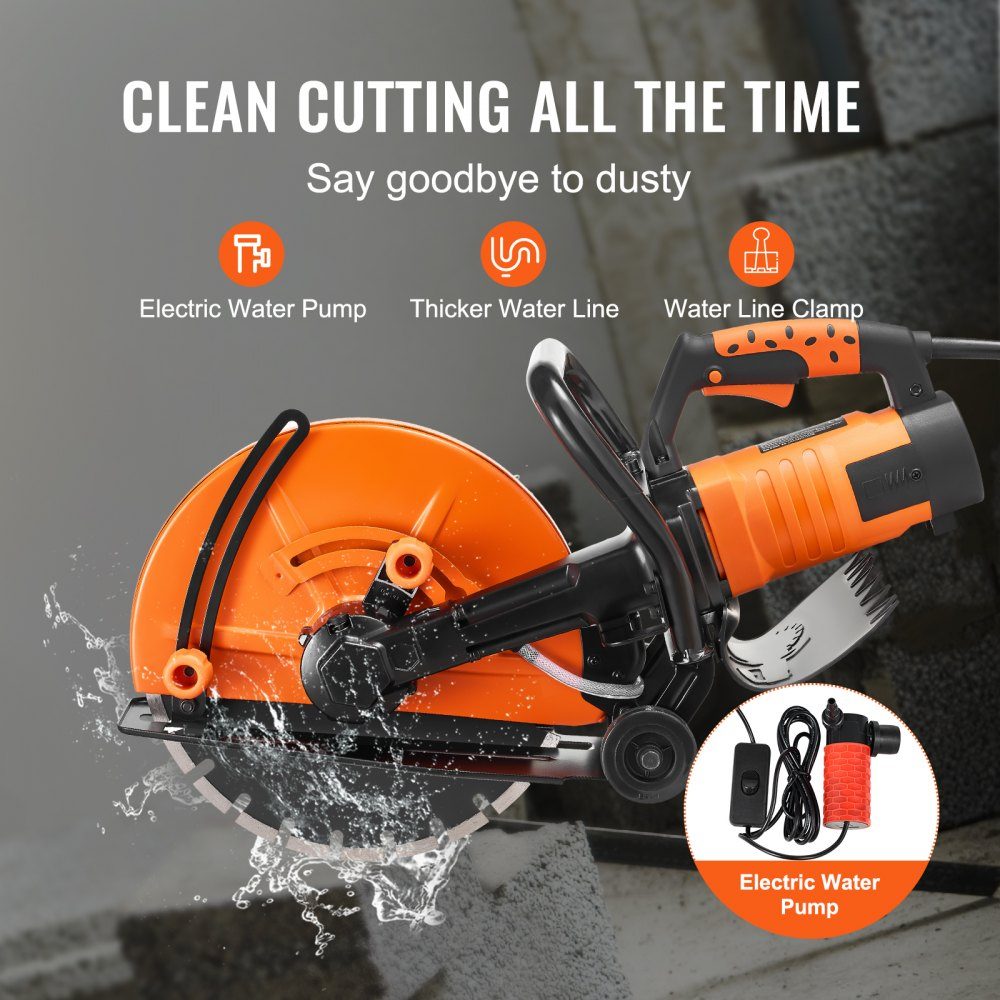 Electric Concrete Saw 356mm Heavy Duty Circular Saw 2800W Cutting Depth 127mm Wet/Dry Disc Saw with Water Pipe Water Pump Saw Blade for Stone and Brick