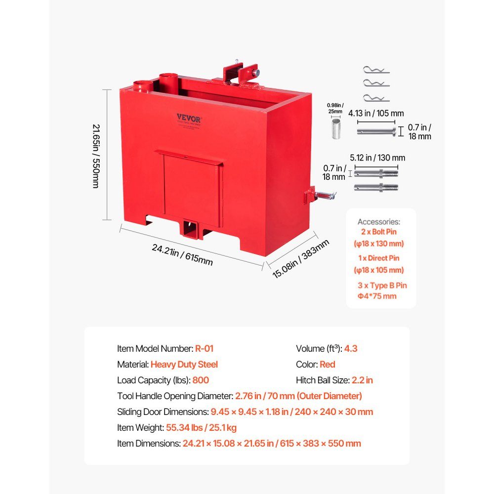 Trailer hitch ballast, 3-point tractor ballast box category 1 with a load capacity of 363 kg, for 5.6 cm trailer hitch, steel large capacity loader attachment with sliding door, red