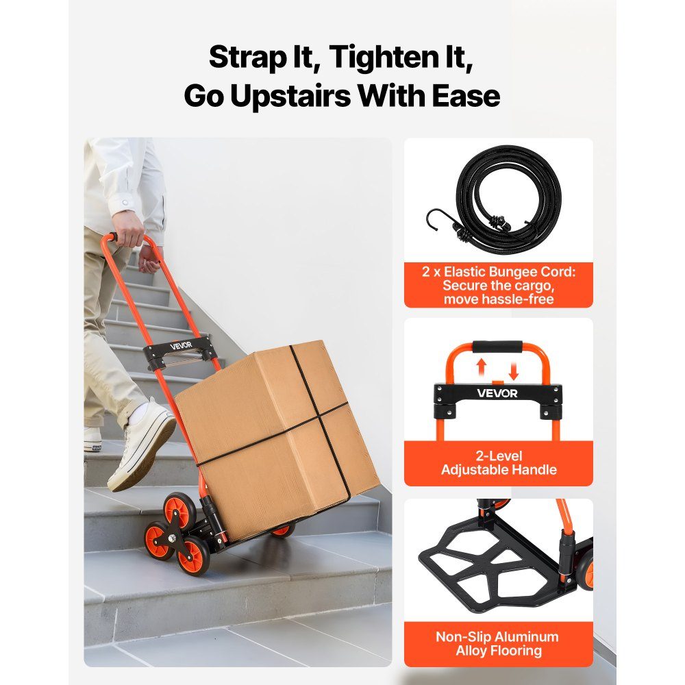 Folding stair hand truck, hand truck 54 kg load capacity, stair climber with telescopic handle, 6 wheels & 2 tension straps, transport trolley, stair trolley, ideal for household, shopping & storage